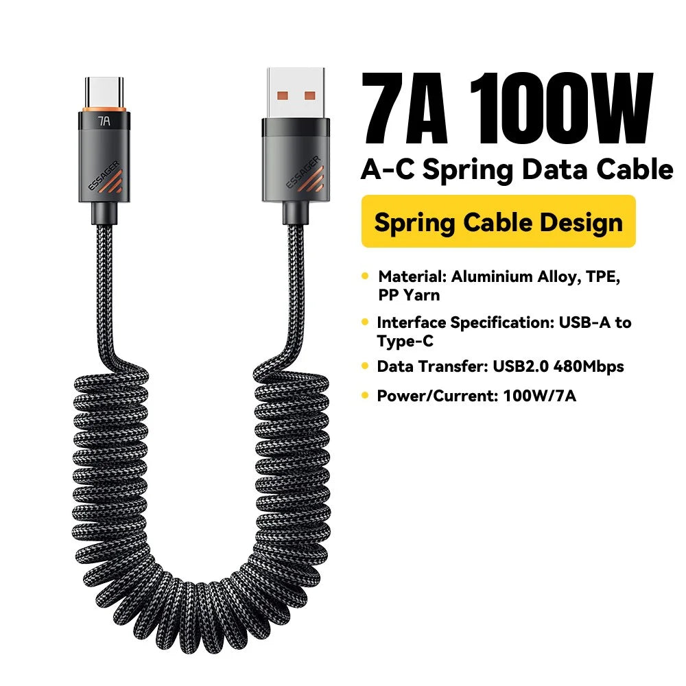 ESSAGER Spring Data Cable USB-A to Type-C 100W 7A Fast Charging Cable 1.8m - 2