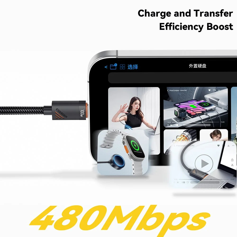 ESSAGER Spring Data Cable Type-C to Type-C 100W Fast Charging Cable 1.2m - 7