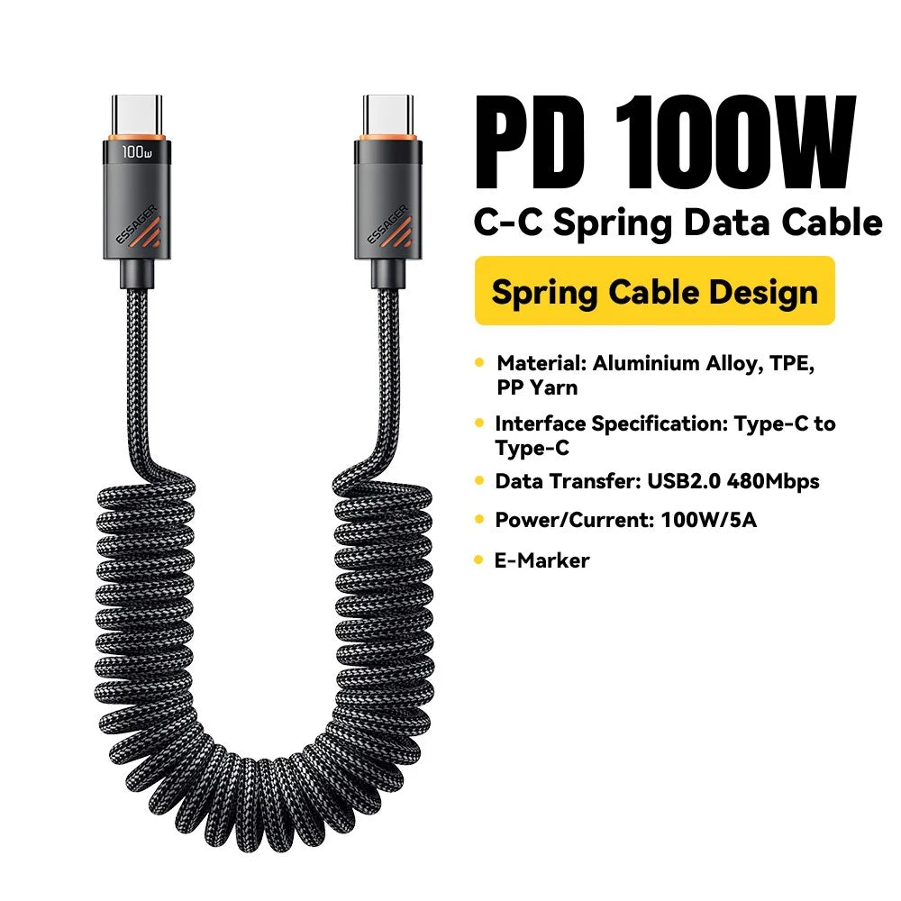 ESSAGER Spring Data Cable Type-C to Type-C 100W Fast Charging Cable 1.8m - 2