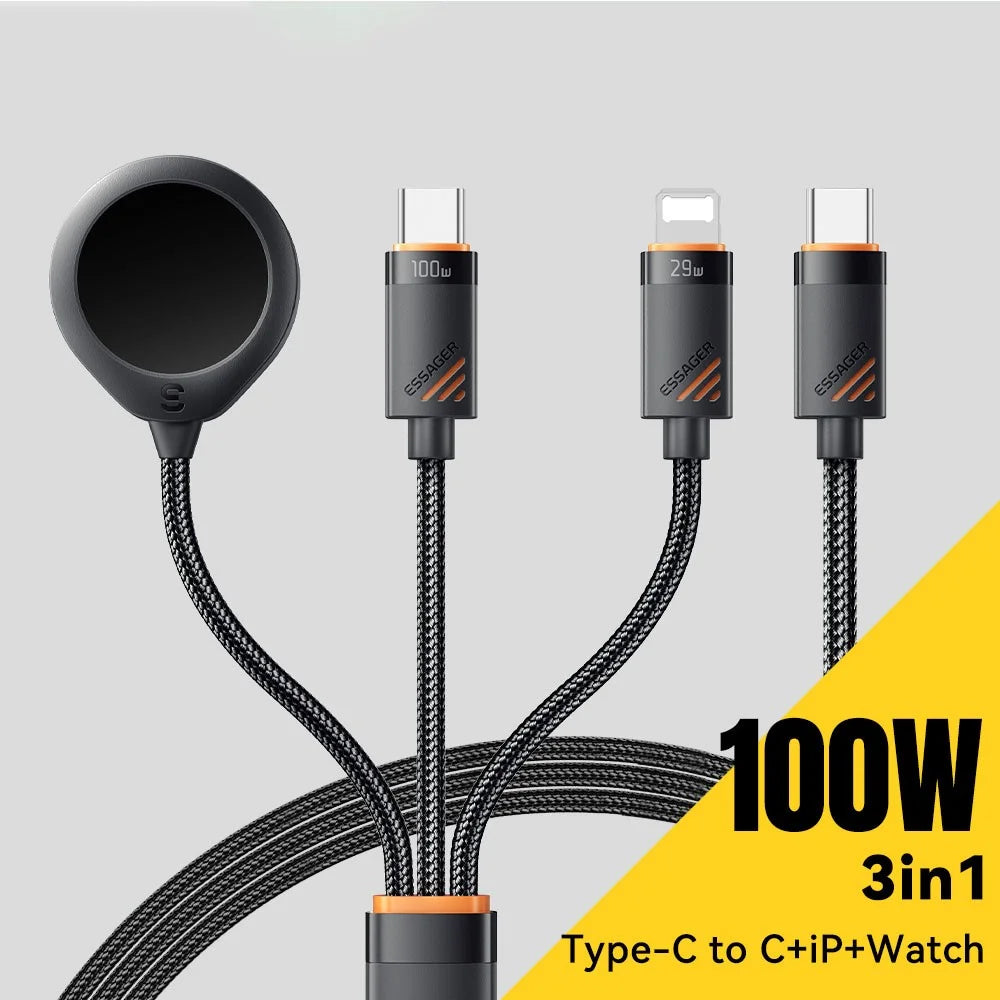 ESSAGER 3 in 1 Charging Cable for Watch  /  Phone  /  Type-C Devices PD 100W Fast Charging Data Cable - 2