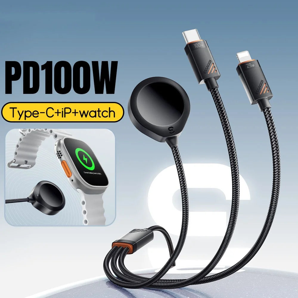 ESSAGER 3 in 1 Charging Cable for Watch  /  Phone  /  Type-C Devices PD 100W Fast Charging Data Cable - 3