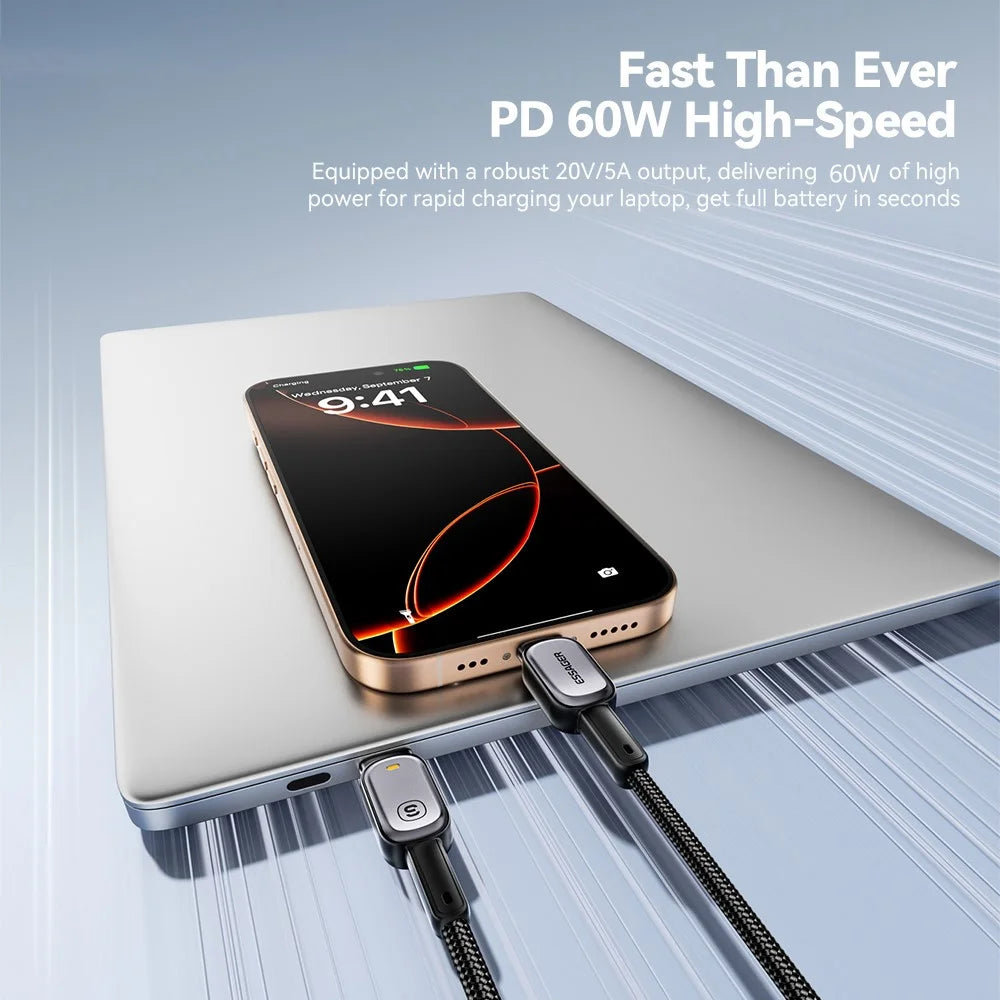ESSAGER Type-C to Type-C 60W Smart LED Cable Fast Charging Durable Braided Data Cable 2m - 4