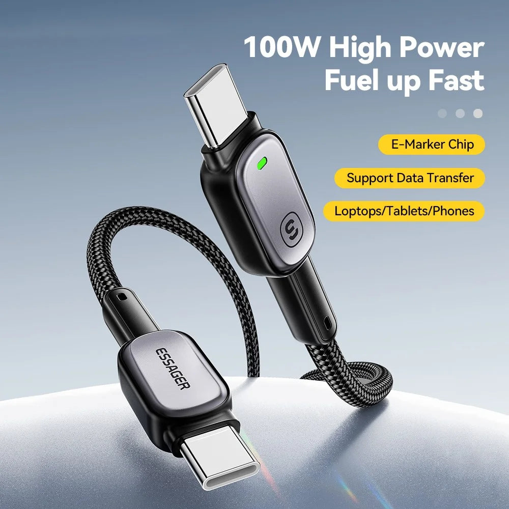 ESSAGER Type-C to Type-C 100W Smart LED Cable Fast Charging Durable Braided Data Cable 2m - 3