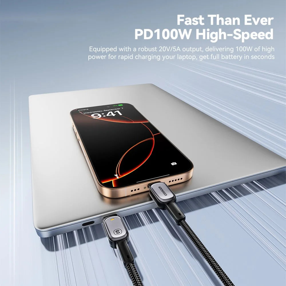 ESSAGER Type-C to Type-C 100W Smart LED Cable Fast Charging Durable Braided Data Cable 2m - 4