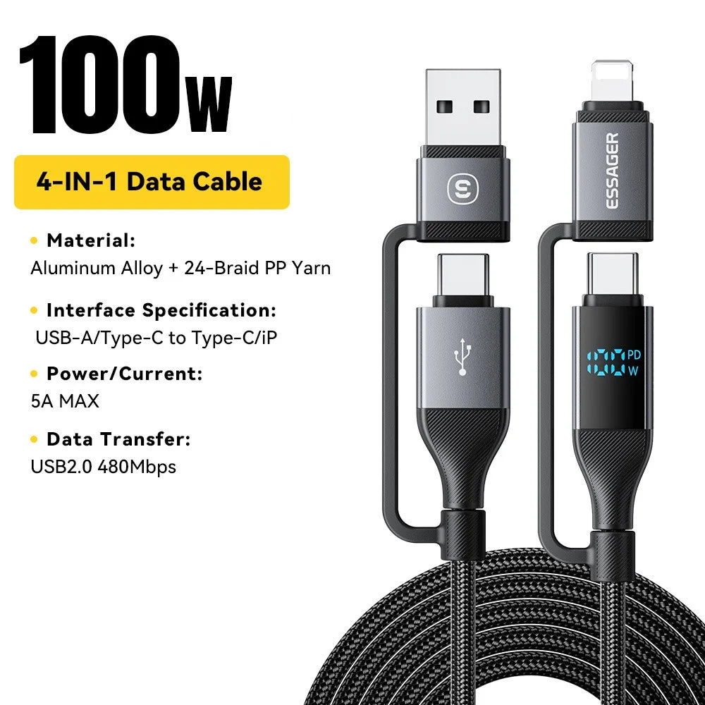 ESSAGER 4-in-1 Data Cable Digital Display PD 100W Fast Charging Cable 2m - 2