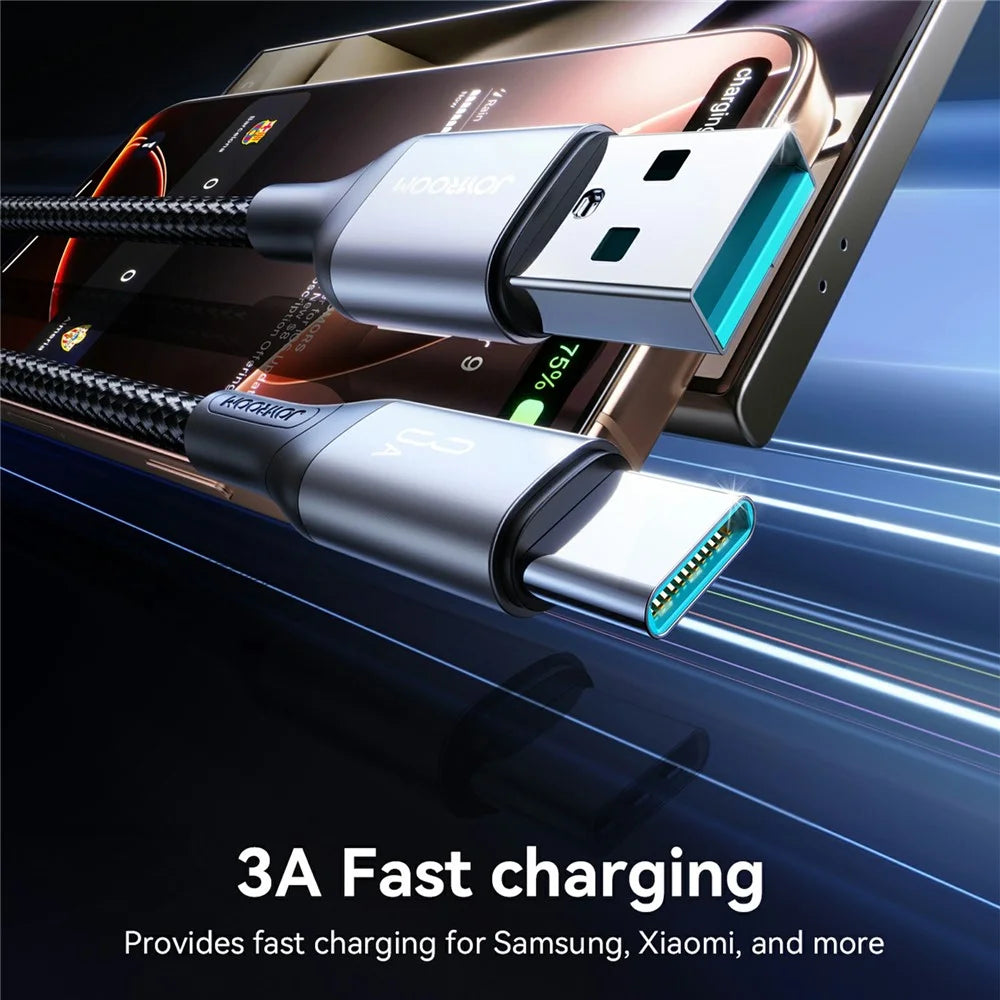 JOYROOM S-A28 2m USB-A to Type-C Cable 3A Fast Charging Nylon Braided Data Cord - Black - 2
