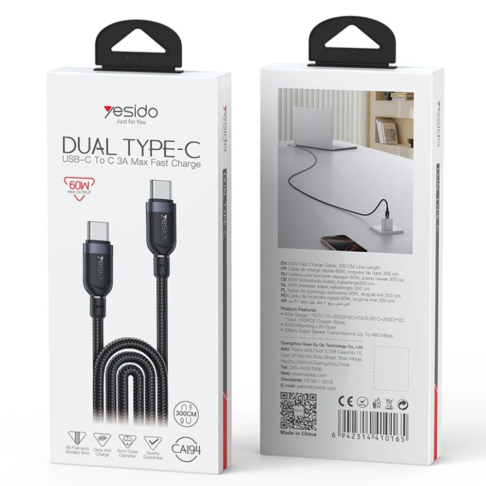 YESIDO CA194 USB C to USB C Cable 3m 60W Fast Charging Data Sync Cord for Laptop  /  Smartphone - 7