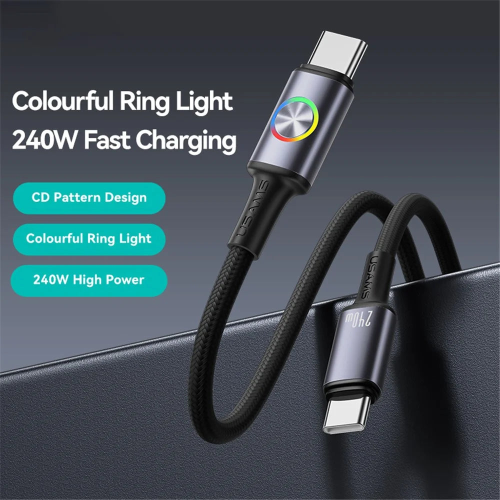 USAMS SJ751 1.2m 240W Type-C to Type-C Cable Aluminum Alloy Data Sync Cord with RGB Light - Tarnish - 2