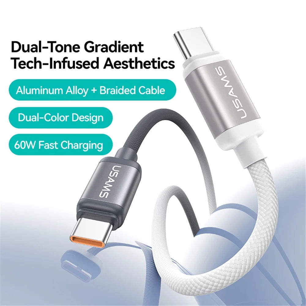USAMS SJ756 1.2m 60W Type-C to Type-C Cable Dual-Color Aluminum Alloy Fast Charging Data Sync Cord - Black + White - 2