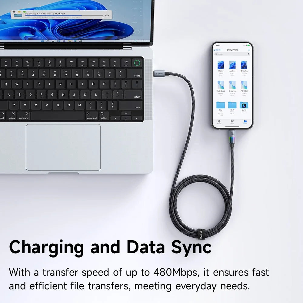 MCDODO CA-8200 1.2m PD 100W Fast Charging Cord with Colorful LED Light USB C to USB C Data Cable - 7
