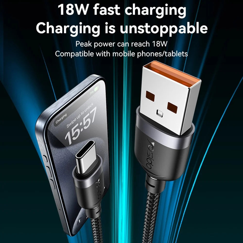 YESIDO CA131C 0.3m USB A to Type C Braided Wire 3A Fast Charging 480Mbps Data Cable - 5