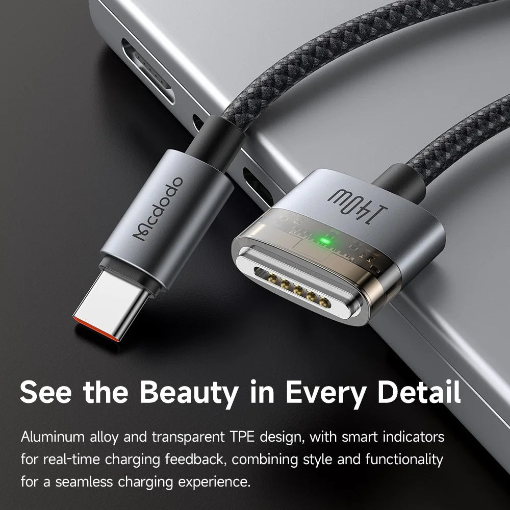 MCDODO CA-207 2m 140W USB C to Compatible with MagSafe 3 Cable with Indicator Light Nylon Braided Charging Cord - Black - 5
