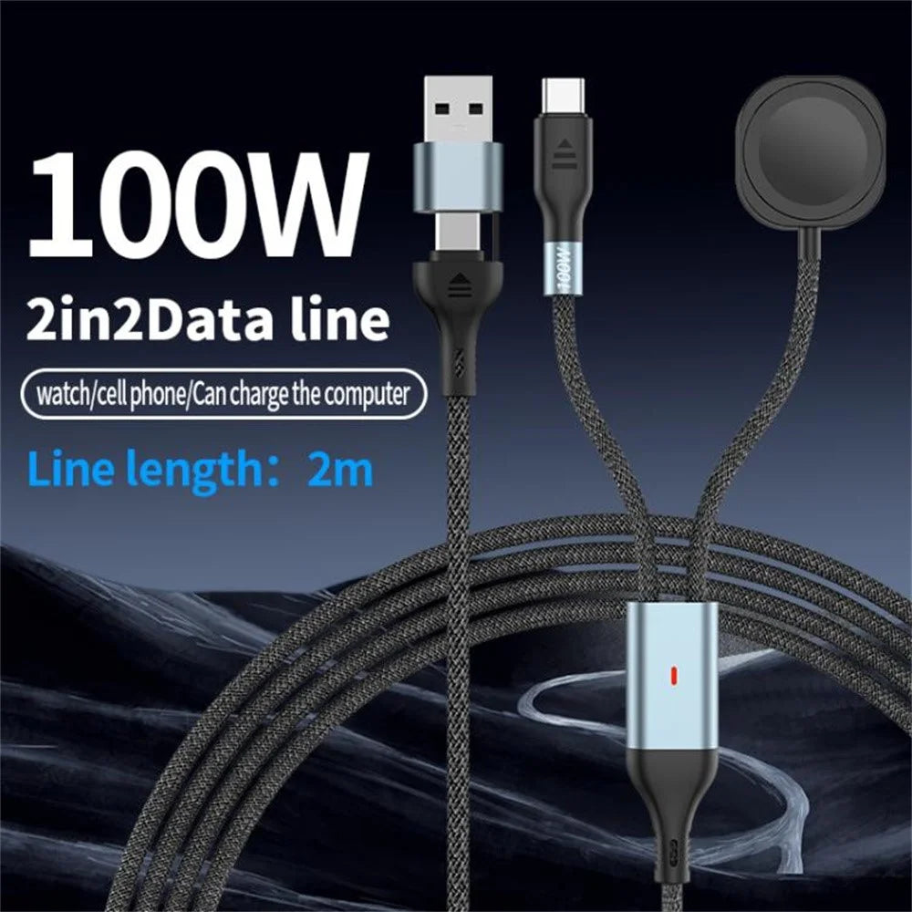 2m 2 in 1 USB A  /  USB C to USB-C  /  for Apple Watch Wireless Charging Dock PD 100W Fast Charging Cable - 2