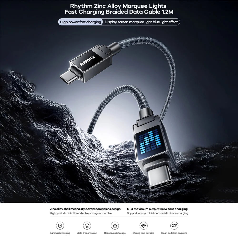 REMAX CB09(C-C) Rhythm 1.2m 240W Zinc Alloy Braided Data Cable Fast Charging Cable with Marquee LED Light - 2