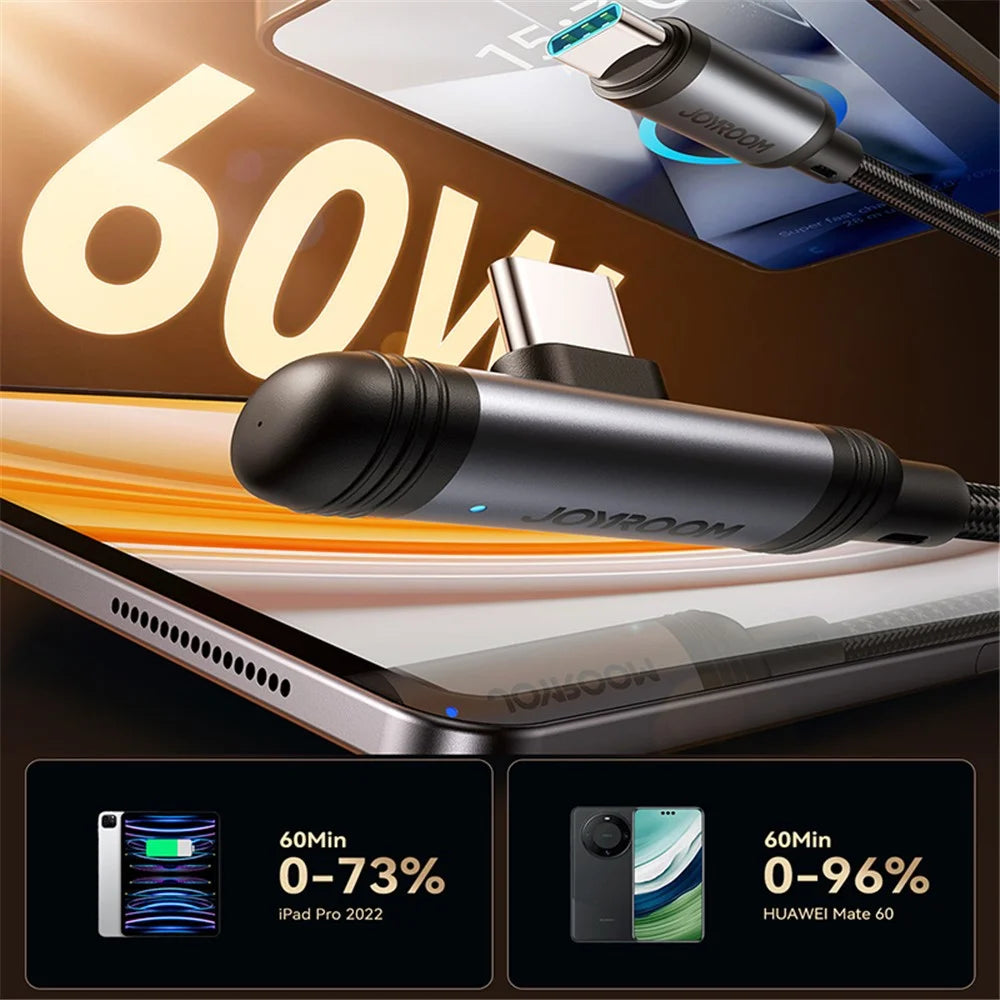 JOYROOM S-A56 1.2m Type-C to Type-C Cable 60W Fast Charging Right-Angle Data Sync Cord - 2