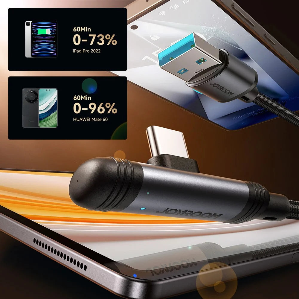 JOYROOM S-A56 1.2m USB-A to Type-C Elbow 3A Fast Charging Cable Data Transfer Braided Cord - Black - 2