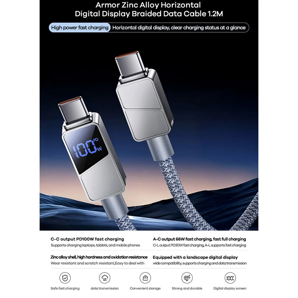 REMAX CB02 For USB-C Devices 100W Zinc Alloy Braided Data Cable With Digital Display 1.2M Fast Charging Cable - 2