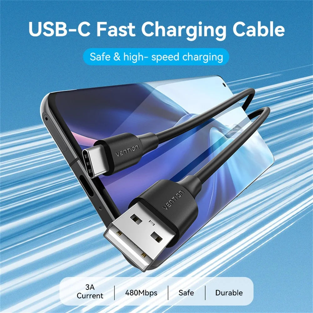 VENTION CTHBD 0.5m USB 2.0 A Male to C Male Cable 3A Fast Charging Data Sync Cord - Black - 4