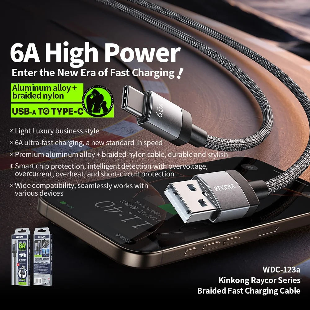 WEKOME WDC-123a Kinkong Raycor Series Braided Fast Charging Cable 6A USB to Type-C 480MB / S Data Transfer Cable - 2