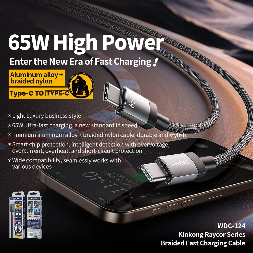 WEKOME WDC-124 Kinkong Raycor Series Braided Data Cable Type-C to Type-C 65W Fast Charging Cable - 2