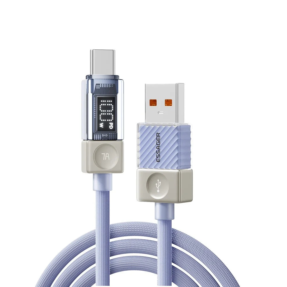 ESSAGER 1m USB-A to Type-C Cable 7A Data Cable Crystal Clear Digital Display Charging Cord - Blue - 1