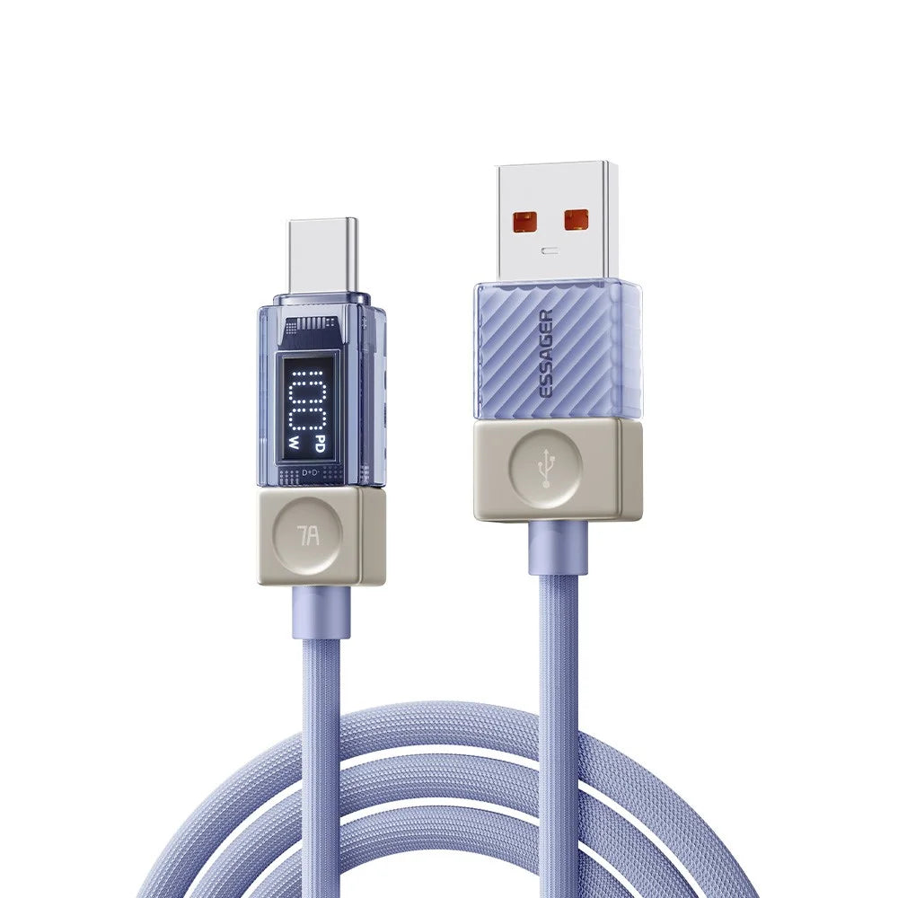 ESSAGER 1m USB-A to Type-C Cable 7A Data Cable Crystal Clear Digital Display Charging Cord - Blue - 2