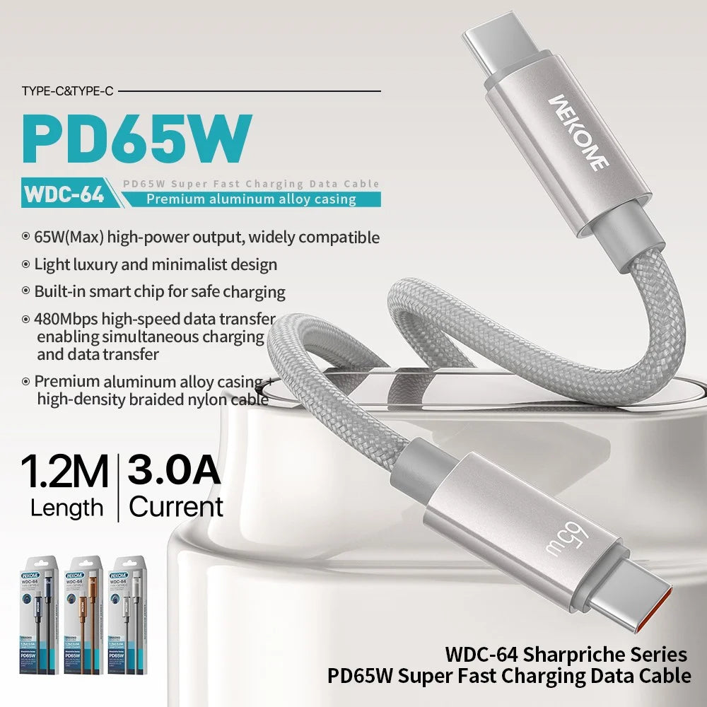 WEKOME WDC-64 Type-C to Type-C Charger Cable 1.2m PD 65W Fast Charging Cable 480Mbps Data Transfer Braided Cord - Titanium Gold - 2