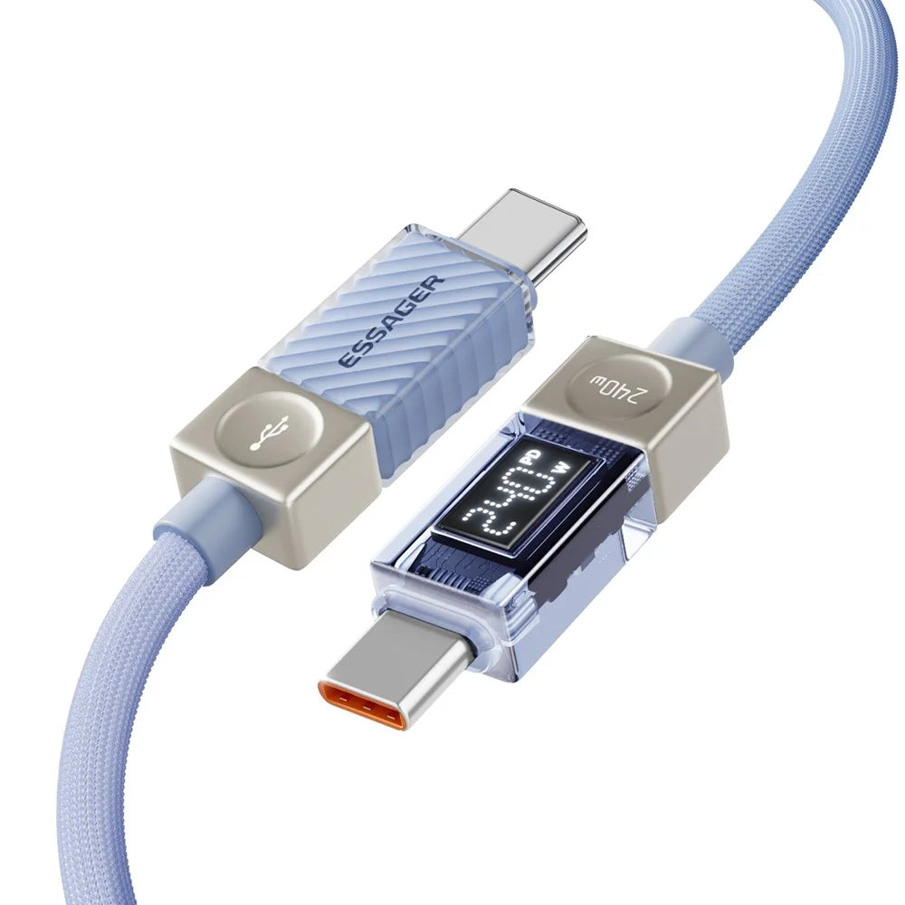 ESSAGER 1m Type-C to Type-C Charging Cable 100W Transparent Digital Display Data Cable - Blue - 3