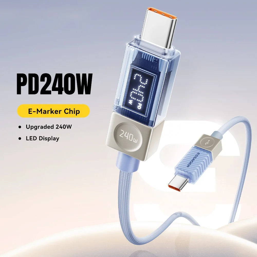 ESSAGER 1m 240W Type-C to Type-C Fast Charging Cable Clear Digital Display Data Cable - Blue - 5