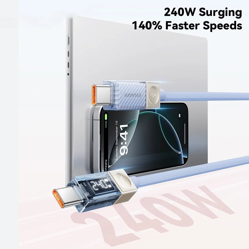ESSAGER 2m 240W Type-C to Type-C Fast Charging Cable Clear Digital Display Data Cable - Blue - 6