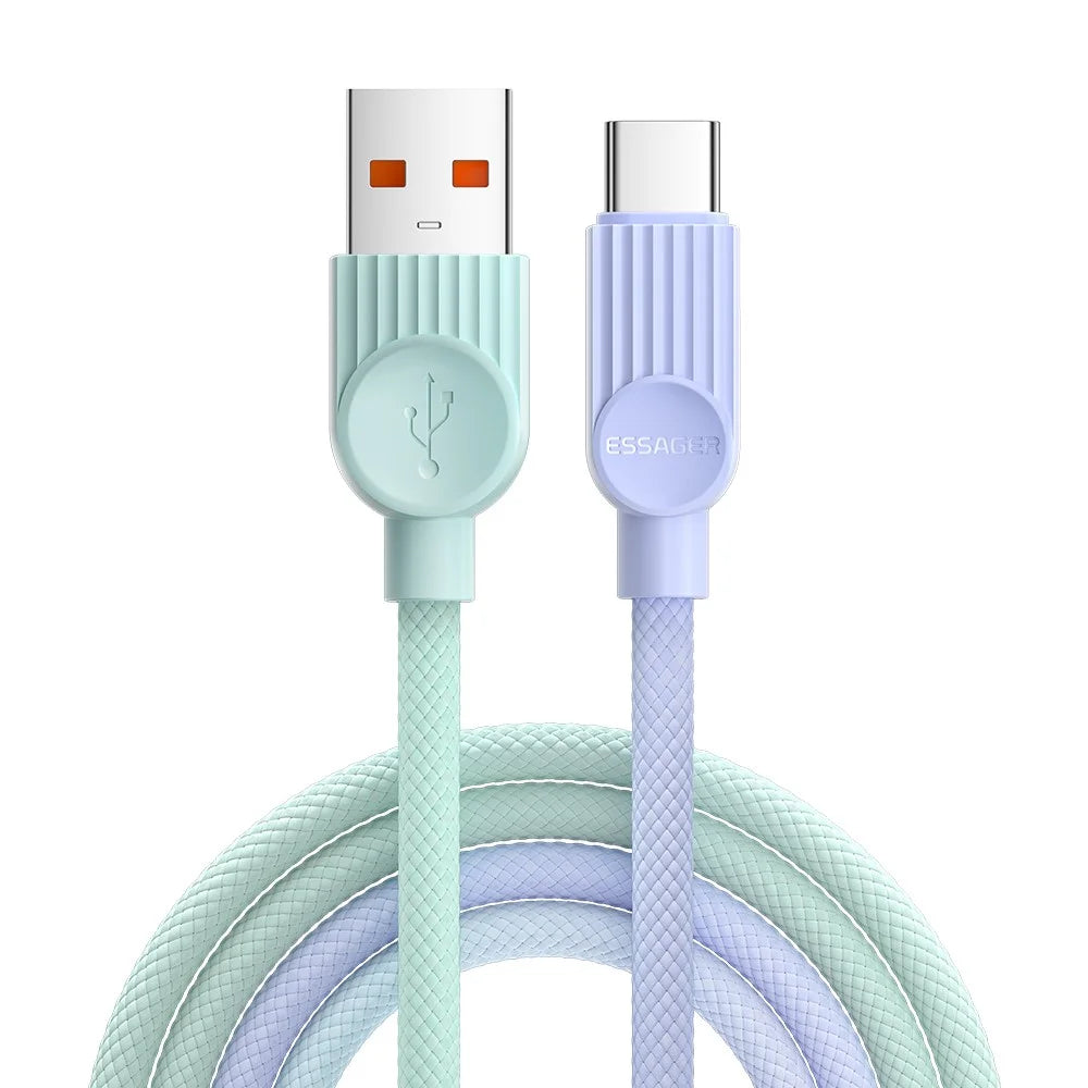ESSAGER ES-X73 TPE 0.25m A-C 7A 100W Date Cable USB-A to Type-C Fast Charging Cord Smart Chip Control - Purple Green - 1