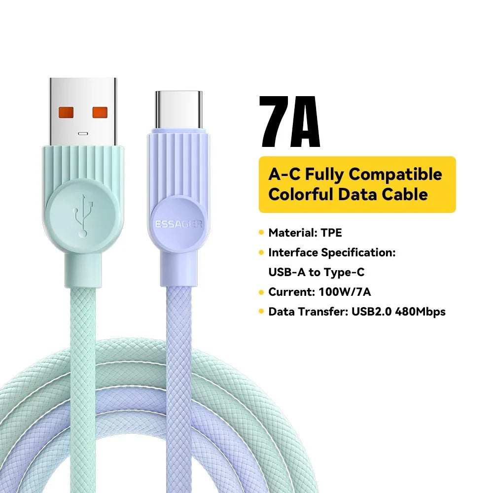 ESSAGER ES-X73 1m USB-A to Type-C Cable 7A 100W Fast Charging Data Sync Cord for Phone  /  Tablet - Purple  /  Green - 2