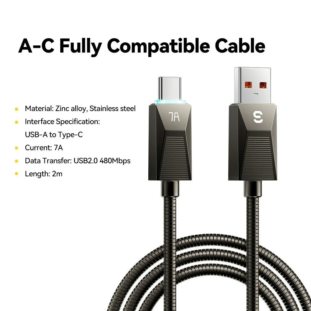 ESSAGER 2m USB A to USB C Stainless Steel Cable 7A Fast Charging 480Mbps Data Sync Cord - 2