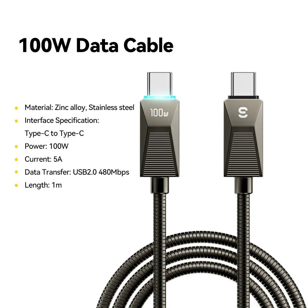 ESSAGER 1m 100W Fast Charging Wire USB C to USB C Stainless Steel Data Transfer Cable - 2