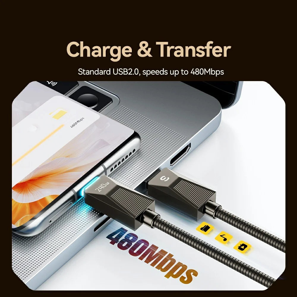 ESSAGER 2m 100W Fast Charging Wire USB C to USB C Stainless Steel Data Transfer Cable - 6
