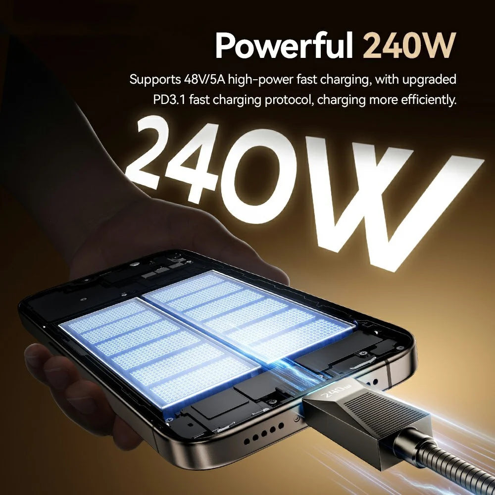ESSAGER 2m 240W Fast Charging Wire USB C to USB C Stainless Steel Data Transfer Cable - 5