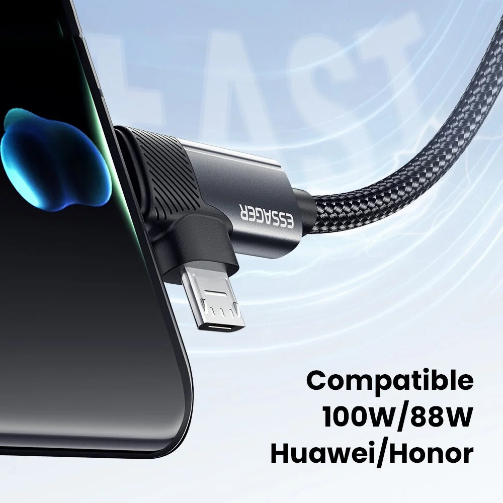 ESSAGER 0.25m USB-A to USB-C  /  Micro 480Mbps Data Sync Cord 7A 100W Fast Charging Cable - 5