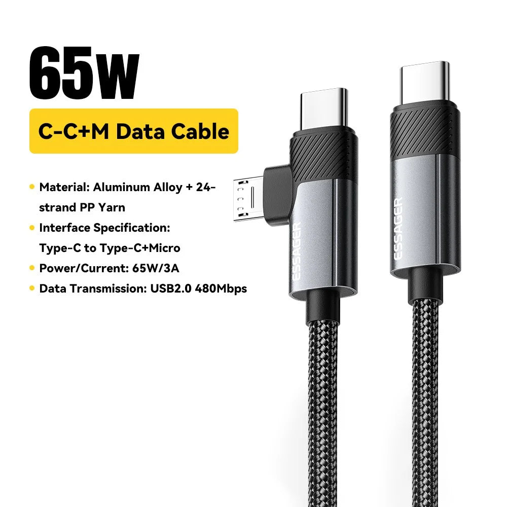 ESSAGER 1m C-C+M 65W Aluminum Alloy Data Cable Type-C to Type-C+M Fast Charging Cable - Grey - 2