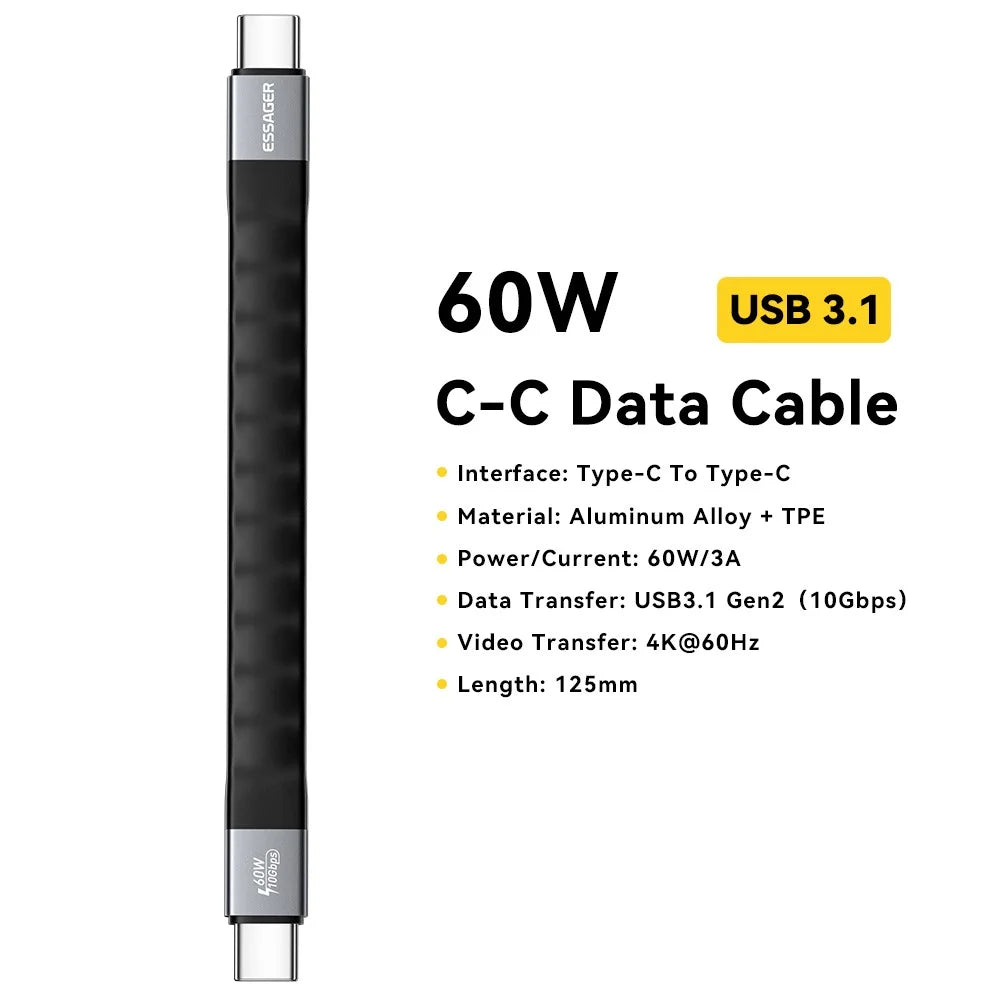 ESSAGER 0.125m 60W USB3.1 Full Function Data Cable Type-C to Type-C Charging Cord 40Gbps High Speed Transfer - Black - 2
