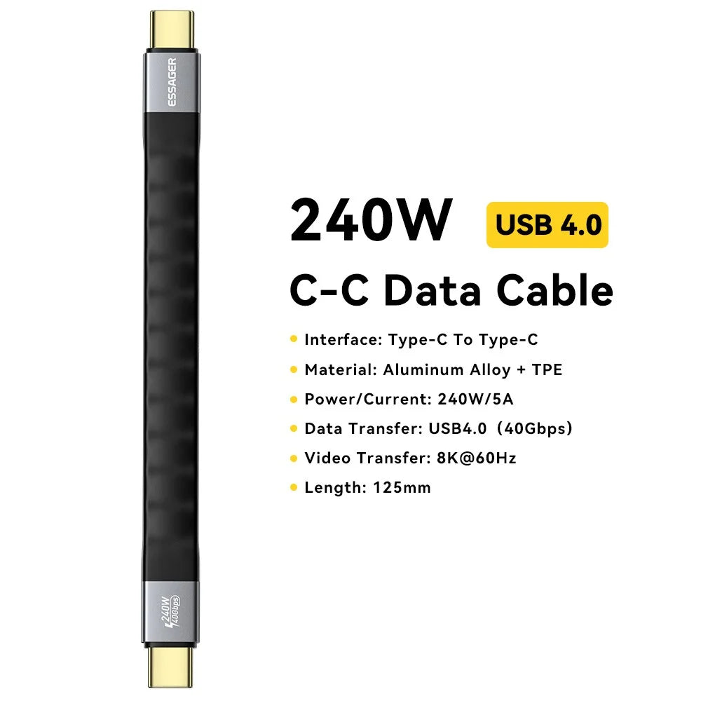 ESSAGER 0.125m 240W USB4.0 Full Function Data Cable Type-C to Type-C Charging Cord 40Gbps High Speed Transfer - Black - 2