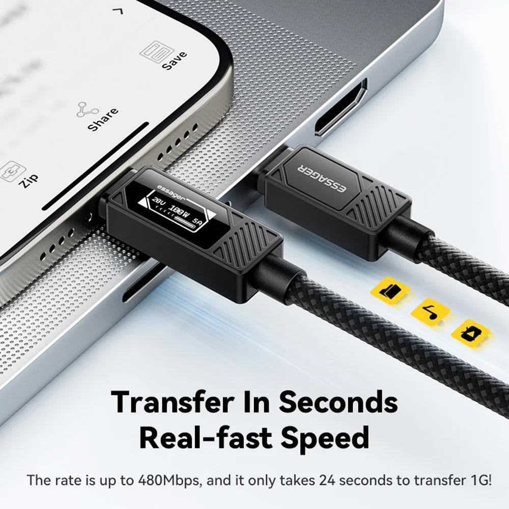 ESSAGER Type-C to Type-C Smart Display Cable 100W Power Delivery 480Mbps Data Transfer Cable 0.25m - 4