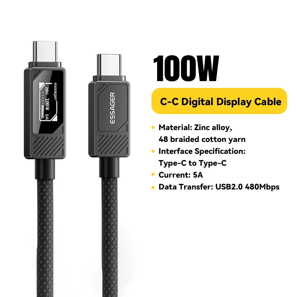 ESSAGER Type-C to Type-C Smart Display Cable 100W Power Delivery 480Mbps Data Transfer Cable 1m - 2