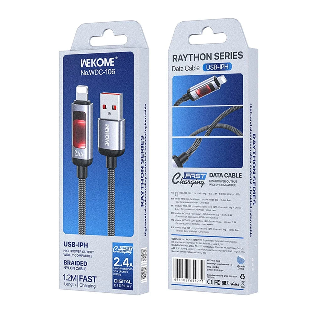 WEKOME WDC-106 1.2m 2.4A USB to iP Fast Charging Charger Cable Overload Protection Data Cable - Black - 4