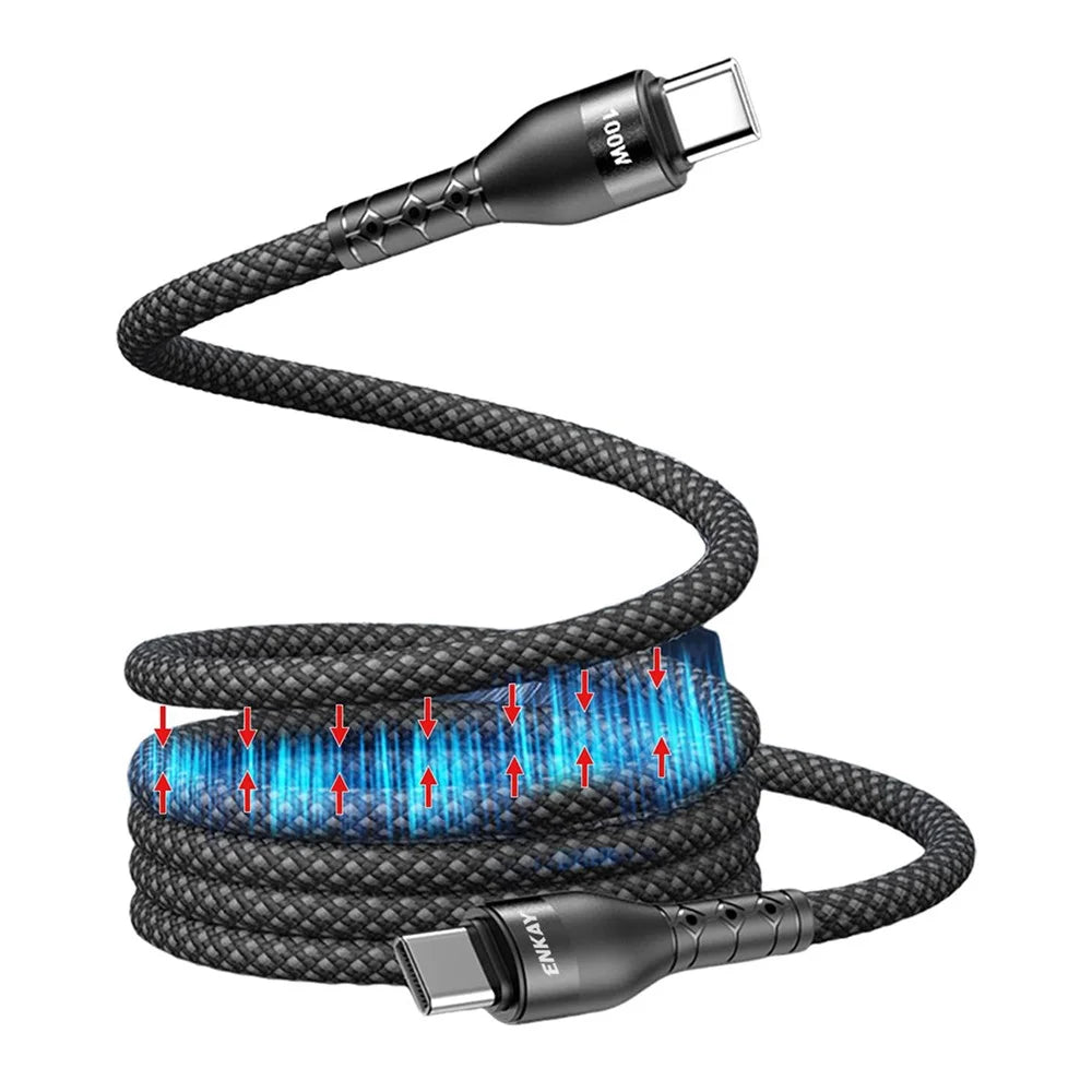 ENKAY HAT PRINCE 2m PD 100W Type-C to Type-C Magnetic Braided Cable Fast Charging Data Transfer Cord - Black - 1