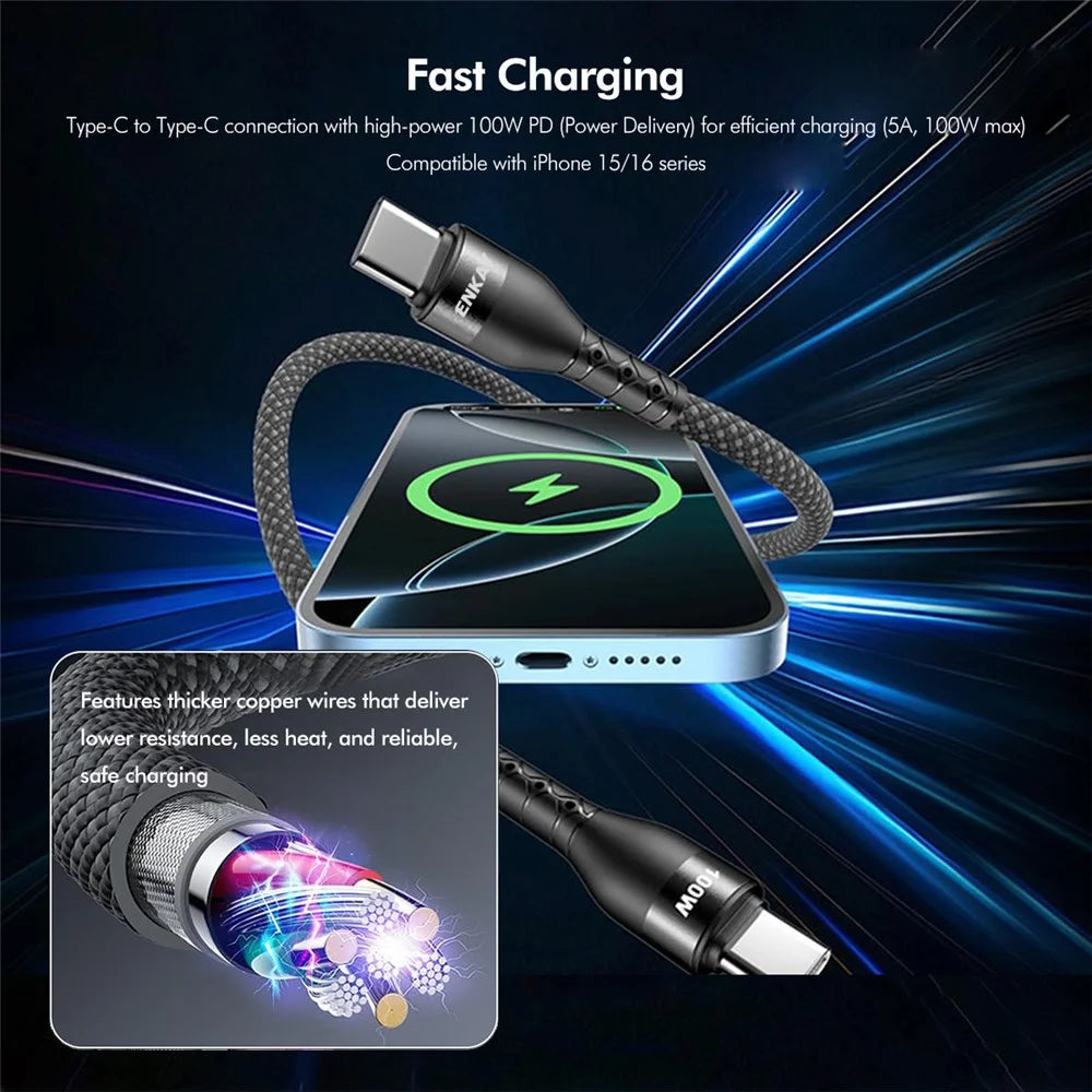 ENKAY HAT PRINCE 2m PD 100W Type-C to Type-C Magnetic Braided Cable Fast Charging Data Transfer Cord - Black - 2