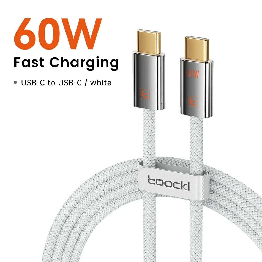 TOOCKI TX110C2 1m Mini Zinc Alloy USB-C to USB-C Cable PD 60W Fast Charging Cable with Smart Chip for Laptop Phone - White - 2