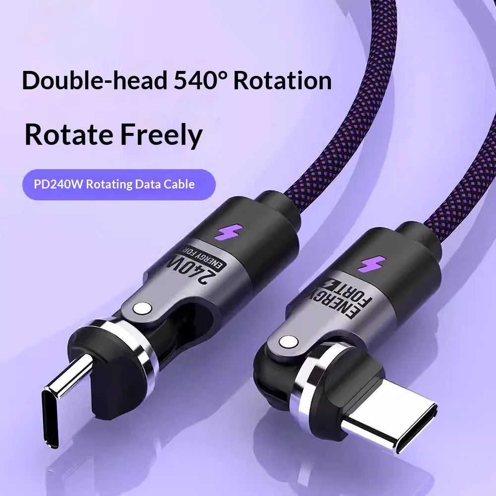 SIKAI Type C to Type C Data Cable 240W High Power Fast Charging USB C Braided Wire for Phones/Tablets/Laptops - Dual Head 540 Degree Rotation - 3