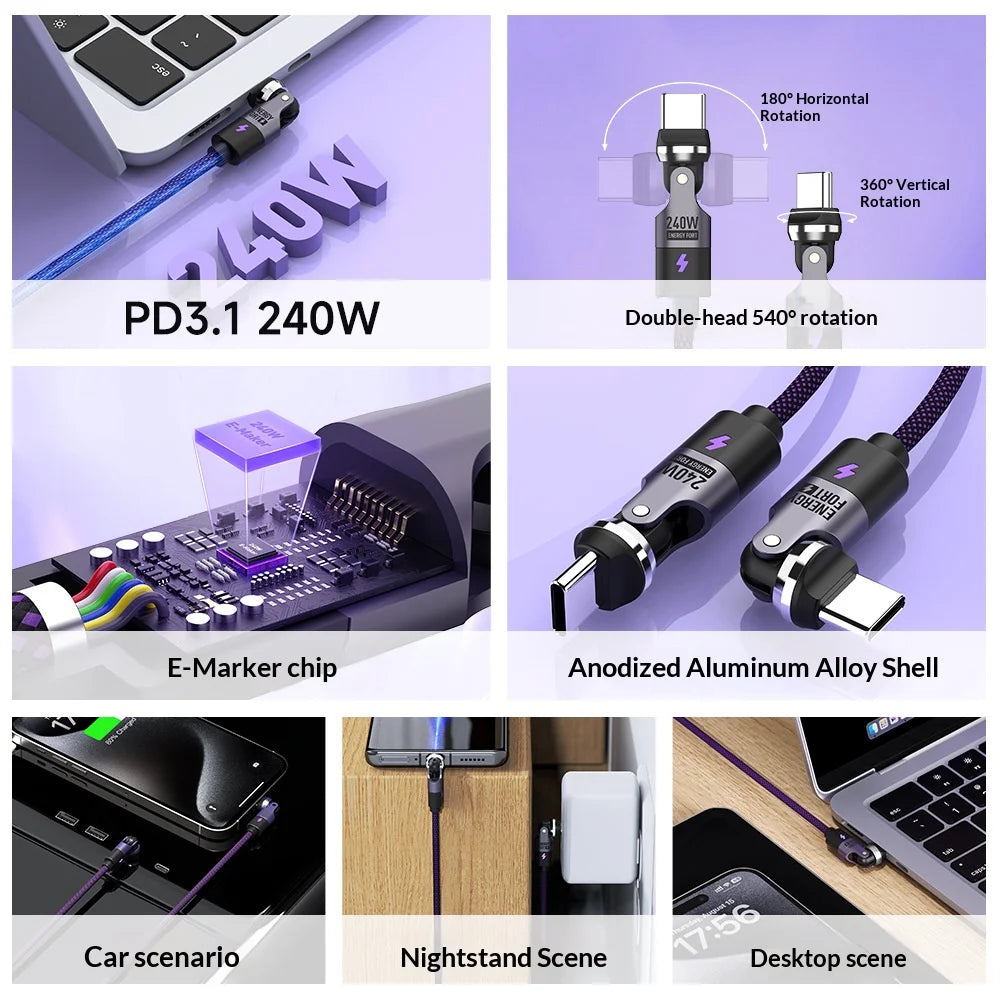SIKAI Type C to Type C Data Cable 240W High Power Fast Charging USB C Braided Wire for Phones/Tablets/Laptops - Dual Head 540 Degree Rotation - 4