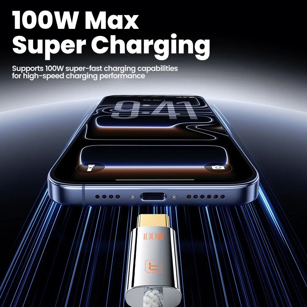 TOOCKI TX110C3 2m 100W Mini Zinc Alloy USB-C to USB-C Cable 480Mbps Data Fast Transfer Cable with Smart Chip - White - 2