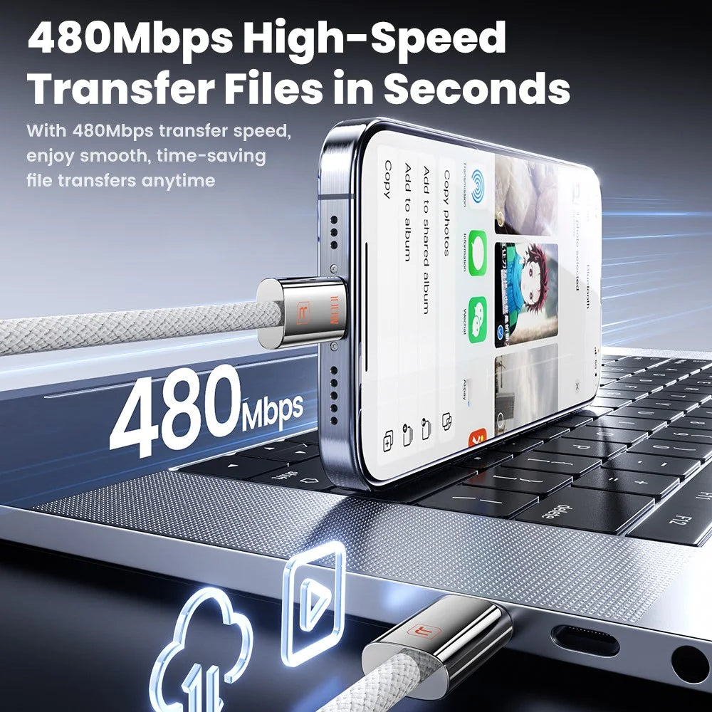 TOOCKI TX110C3 2m 100W Mini Zinc Alloy USB-C to USB-C Cable 480Mbps Data Fast Transfer Cable with Smart Chip - White - 4